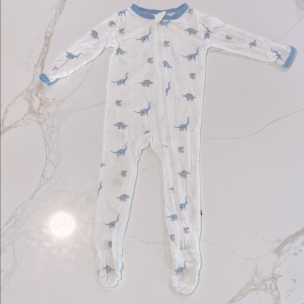 Kyte BABY White Footed One-Piece with Blue Dinosaur Print
